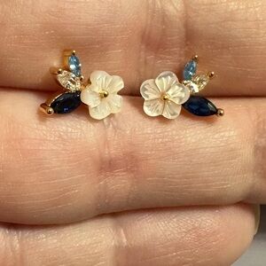Floral Mother-of-Pearl & Blue Crystal Stud Earrings